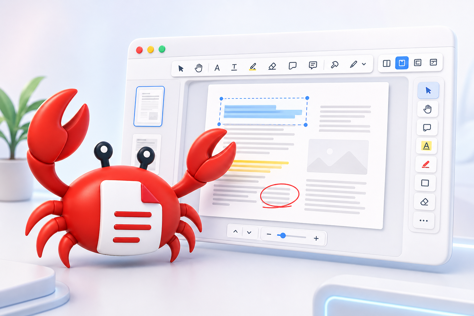 3D render of the CrabPDF crab mascot beside a PDF editor interface